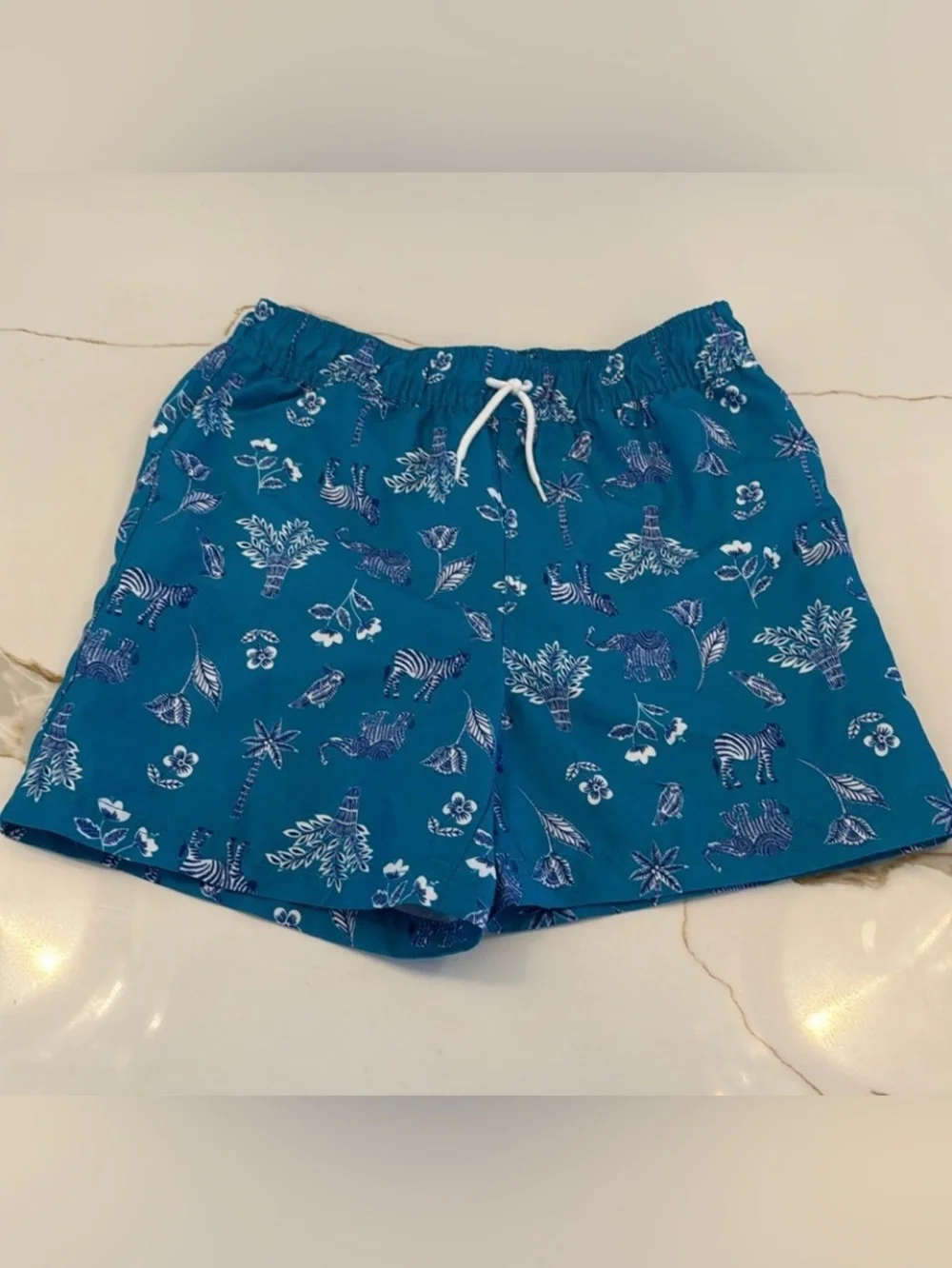 Janie and Jack Teal World Love Swim Trunks with Animal Print